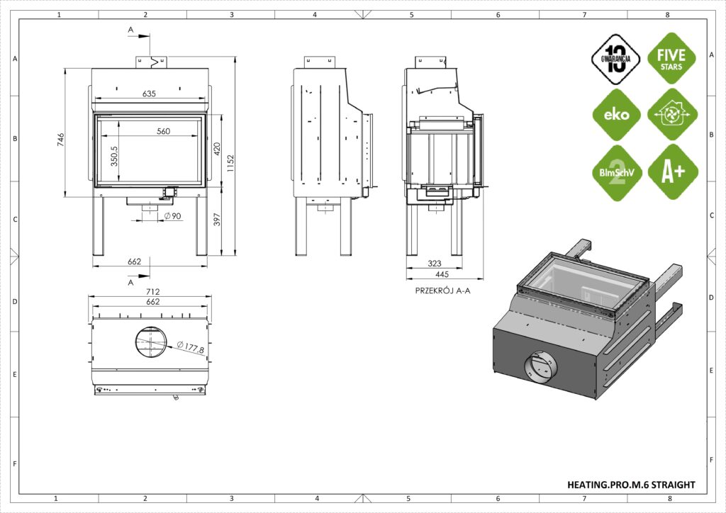 Rysunek techniczny HEATING 620 prosty z wymiarami