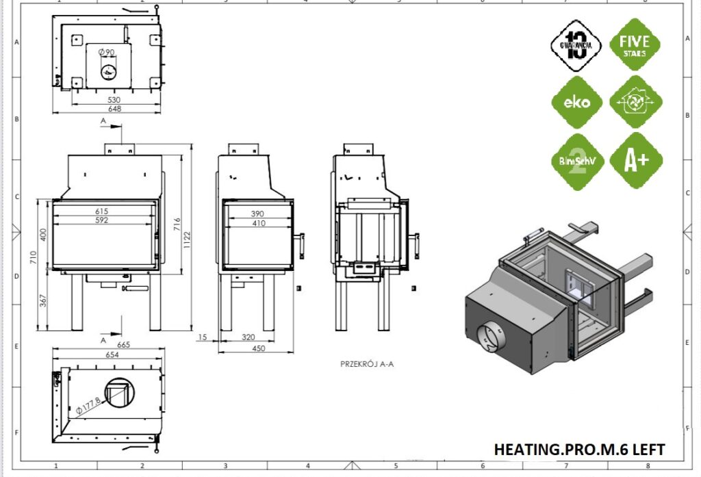Rysunek techniczny HEATING 620 narożny lewy z wymiarami