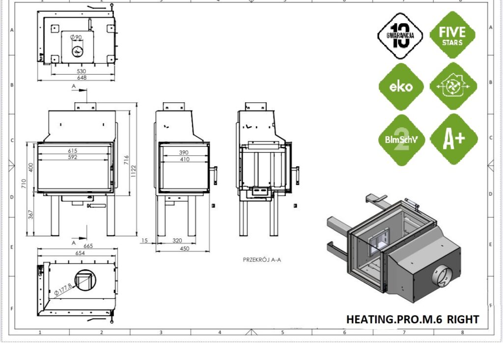 Rysunek techniczny HEATING PRO M 6 narożny prawy z wymiarami
