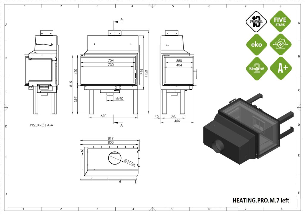 Rysunek techniczny HEATING 720 narożny lewy z wymiarami
