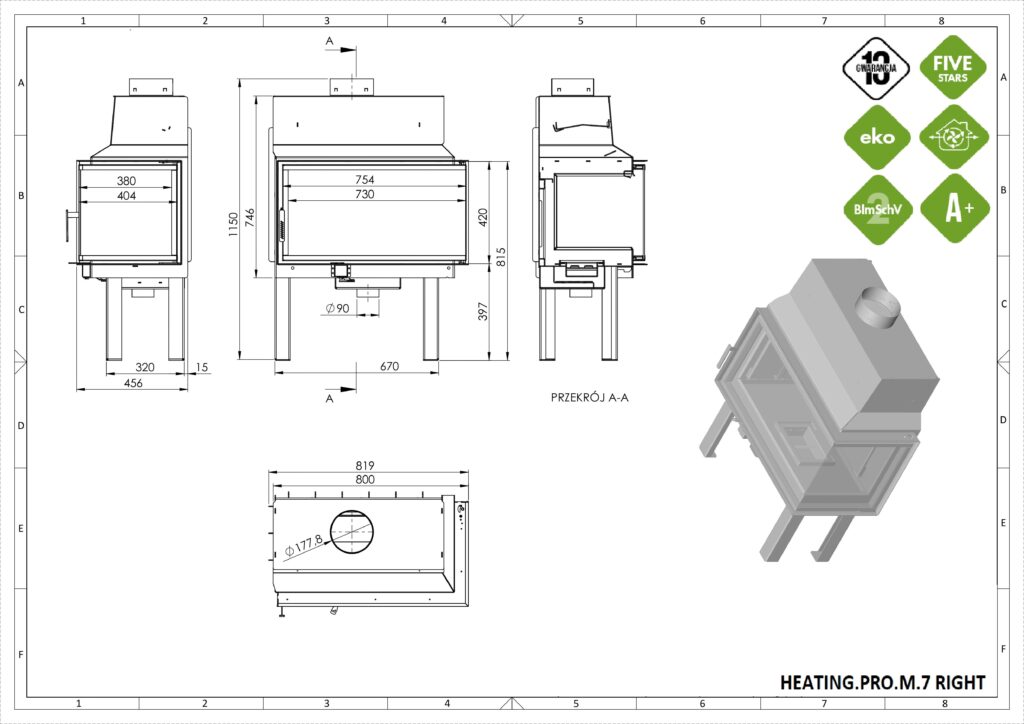 Rysunek techniczny HEATING PRO M 7 narożny prawy z wymiarami